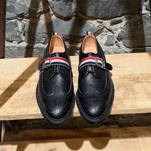 Thom Browne Black Pebbled Grosgrain Tricolour Strap Long Wingtip Shoes - Picture 3 of 11